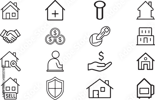 Editable Stroke Real Estate Line Icons Featuring House, Mortgage, Rent, Buy, Sell