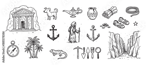 Hand-drawn set of archaeology and adventure icons including an ancient temple, compass, traveler, and exploration tools in a black and white doodle style illustration