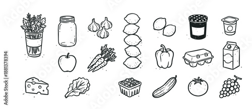 Large set of hand-drawn grocery icons featuring various foods like fruits, vegetables, dairy, and pantry staples in a simple black and white doodle style for nutrition concepts