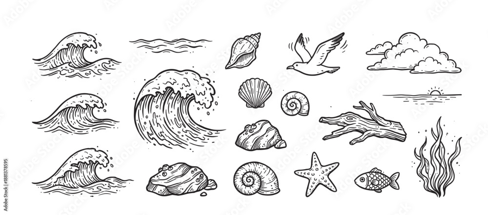 Obraz premium Set of hand-drawn ocean life illustrations in a vintage sketch style, featuring various sea elements like waves, shells, a seagull, fish, driftwood, and seaweed