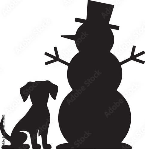 Black silhouette of dog and snowman with hat