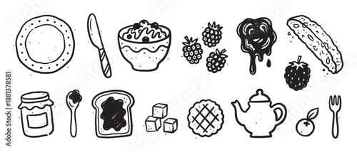 Collection of hand-drawn breakfast food icons including a teapot, jam, toast, berries, and porridge in a simple black and white doodle style illustration set for a cozy morning meal