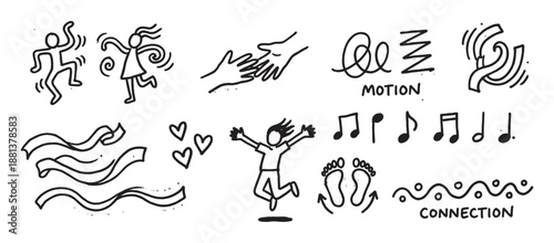 Collection of hand-drawn black doodle icons representing motion, connection, music, and love in a minimalist, energetic sketch style with dancing figures and symbolic elements