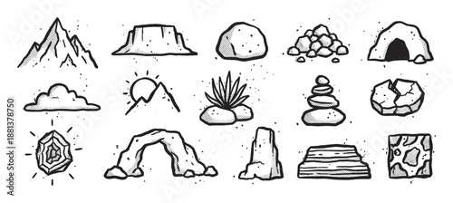 Collection of hand-drawn nature icons featuring mountains, rocks, caves, and geological formations in a monochrome doodle style with halftone shading and ink splatter effects