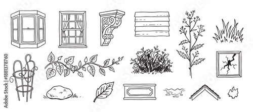 Collection of hand-drawn house and garden elements including windows, plants, architectural details, and natural items in a simple black and white line art doodle style illustration set