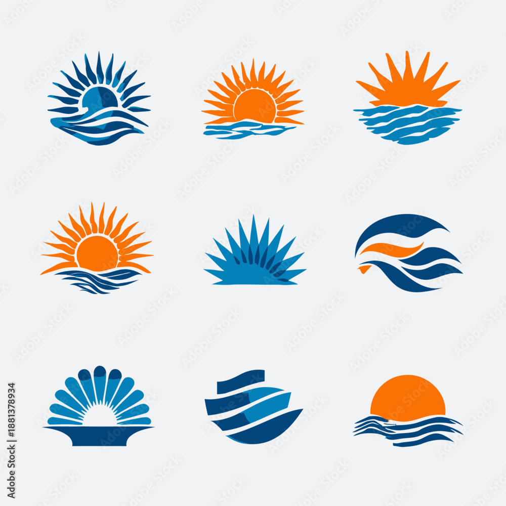 Obraz premium Abstract sun and wave vector icons set. Sunrise, sunset, ocean, sea graphic elements for travel, summer, cruise, vacation logos and designs.