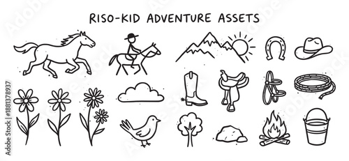 Hand-drawn black and white western adventure icons featuring a horse, cowboy, mountains, campfire, and other outdoor elements in a simple, playful doodle style for children