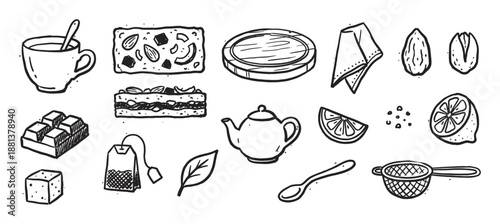 Hand-drawn tea and dessert icon set with a teapot, cup, lemon, chocolate, cake, and nuts in a black and white sketch style for illustrating a cozy afternoon break