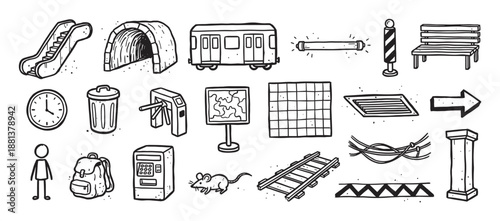 Hand-drawn subway station icon set collection in a black and white doodle style featuring various public transport and urban elements like a train, tunnel, and escalator