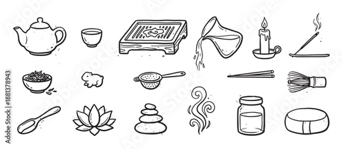 Collection of hand-drawn tea ceremony icons including a teapot, matcha whisk, lotus, and zen stones in a simple black and white doodle style illustration set