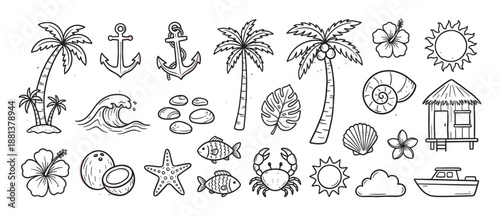 Collection of hand-drawn tropical summer icons featuring palm trees, an anchor, a wave, seashells, a crab, and a sun, all rendered in a simple black and white doodle line art style