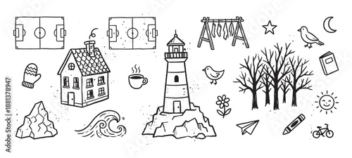 Collection of hand-drawn black ink doodle illustrations featuring a lighthouse, house, trees, and other cute objects in a simple, sketchy style with textured speckle details