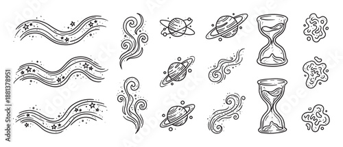 Hand-drawn set of celestial doodle illustrations featuring planets, stars, hourglasses, and magical swirls in a whimsical black and white line art style with an esoteric theme