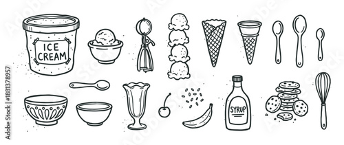 Collection of hand-drawn ice cream illustrations featuring a tub, scoops, cones, syrup, cookies, and other dessert elements in a simple black and white doodle style