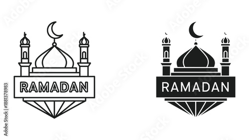 Ramadan kareem mosque logo design with crescent moon and minarets