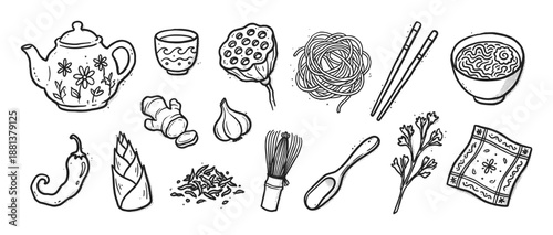 Hand-drawn set of Asian food illustrations including noodles, a teapot, chopsticks, ginger, and other traditional ingredients in a monochrome doodle sketch style with stippling