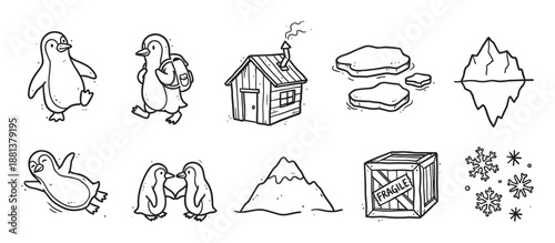Set of hand-drawn arctic illustrations featuring cute penguins, an iceberg, a wooden cabin, ice floes, and snowflakes in a simple black and white doodle cartoon style