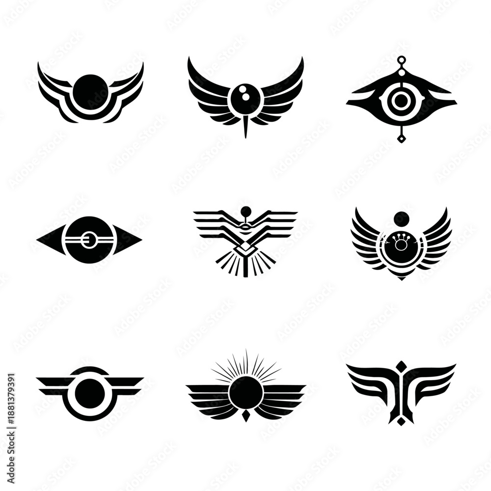Fototapeta premium Abstract graphic design logos and emblems featuring stylized wings, eye symbols, and geometric shapes; a modern vector collection for branding.