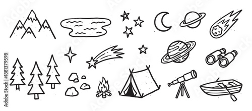 Set of hand-drawn doodle icons for camping and stargazing themes, featuring a tent, campfire, mountains, trees, planets, moon, and telescope in a simple black line art style