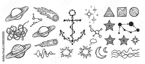 Large collection of hand-drawn doodle illustrations featuring various scientific, cosmic, and abstract symbols like planets, stars, an anchor, and molecules in a monochrome sketch style
