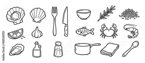 Set of hand-drawn seafood icons including a crab, shrimp, oyster, and scallop with cooking ingredients and kitchen utensils in a simple black and white doodle style illustration