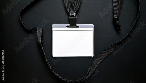 Blank ID card with lanyard on black background, top view.