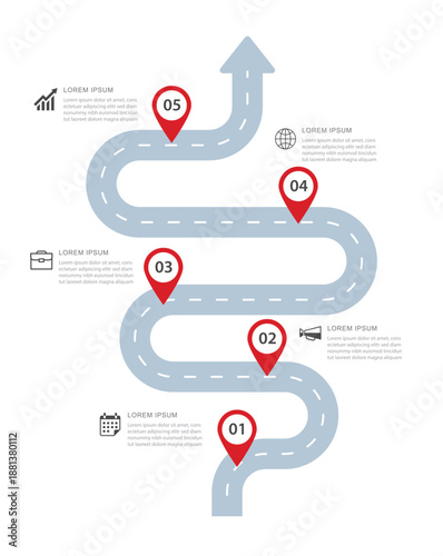Business roadmap infographic with 5 numbered steps for success and goal.