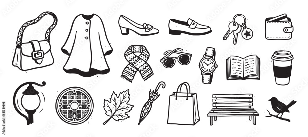 Fototapeta premium Set of hand-drawn doodle icons featuring autumn fashion accessories and city life elements like a coat, scarf, coffee cup, and park bench in a simple black and white sketch style