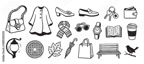 Set of hand-drawn doodle icons featuring autumn fashion accessories and city life elements like a coat, scarf, coffee cup, and park bench in a simple black and white sketch style