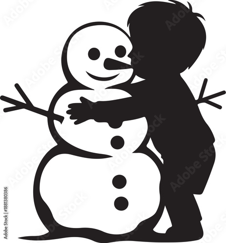 Silhouette of a child hugging a smiling snowman winter