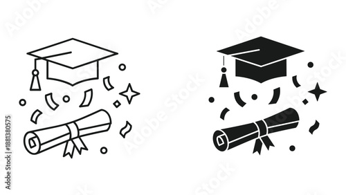 Graduation cap and certificate icon set