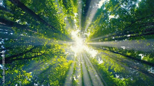 Wallpaper Mural Moving shot of sunlight shining through forest canopy, low angle view Torontodigital.ca