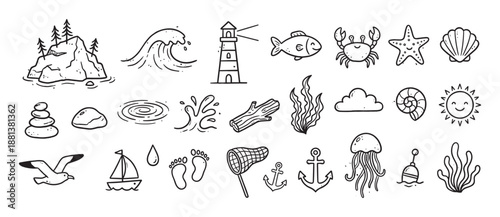 Large set of hand-drawn sea and beach themed doodle icons in a simple black line art style, featuring a lighthouse, wave, crab, fish, sailboat, and other nautical elements