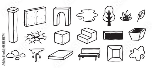 Hand-drawn doodle icon set of city park elements including a bench, concrete blocks, an arch, and trees, illustrated in a simple black and white sketch style for creative projects