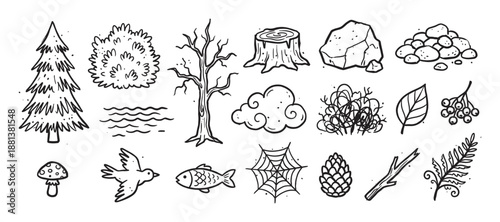 Set of hand-drawn forest nature icons featuring a tree, bird, fish, mushroom, and other woodland elements in a simple black and white doodle sketch style illustration