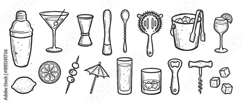 Hand-drawn black and white cocktail making set with a shaker, jigger, strainer, and glasses in a doodle sketch style illustration for bartending and party concepts