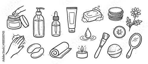 Hand-drawn black and white skincare icon set featuring various cosmetic products and spa elements for a beauty routine, including cream, serum, soap, and a towel in a doodle style illustration