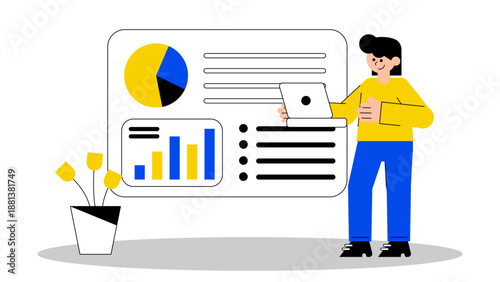 A man standing next to a large dashboard displaying pie charts and bar graphs for data evaluation