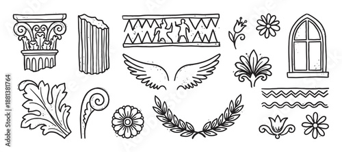 Collection of hand-drawn antique elements inspired by ancient Greek and Roman art, including a column capital, laurel wreath, wings, and various decorative floral ornaments