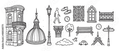 Set of hand-drawn urban elements featuring a vintage building, dome, lamppost, and other city life icons in a charming black and white doodle style illustration collection