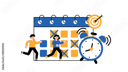 Professionals rushing and panicking against a large calendar and ringing alarm clock background