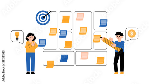 Professionals organizing tasks and notes on a large business model canvas planning board