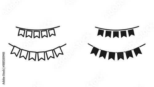 Set of black and white bunting flags on string