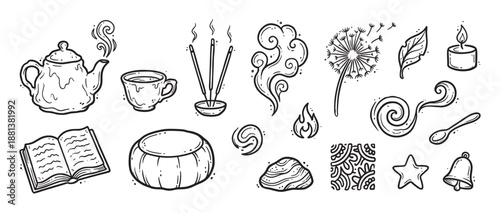 Hand-drawn collection of black and white doodle icons for relaxation and meditation, including a teapot, incense, candle, book, and dandelion illustrated in a charming sketchy style