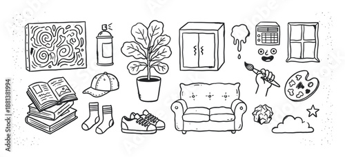 Set of hand-drawn doodle illustrations featuring a sofa, potted plant, books, art supplies, and clothing in a simple black and white line art cartoon style with a sketchy texture
