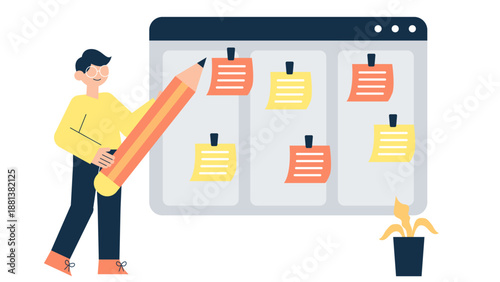 A man holding a giant pencil while organizing sticky notes on a large digital business model canvas board