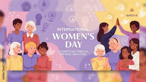 Celebrating International Women's Day with diverse women of different ages and cultures together in a vibrant illustration