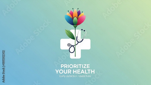 Colorful Flower Emerging from Cross with Stethoscope Illustrating Health Priorities in Vibrant Illustration Style