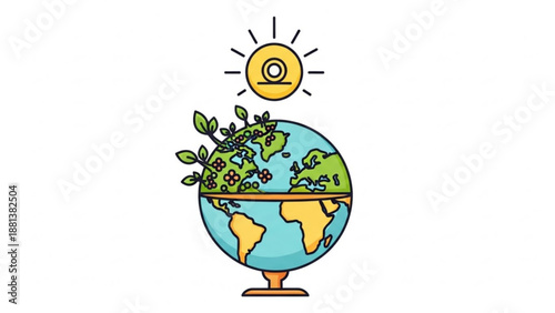 Illustration of a globe with growing plants and a shining sun above it, symbolizing global growth and sustainability from a front viewpoint.
