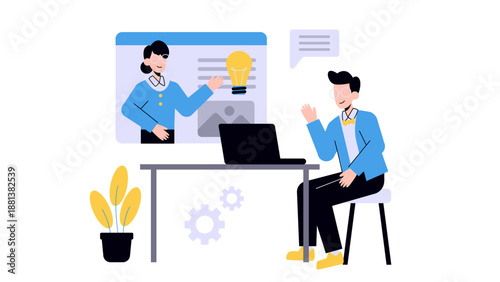 A man sitting at a desk attending a virtual business training session or webinar on his laptop screen